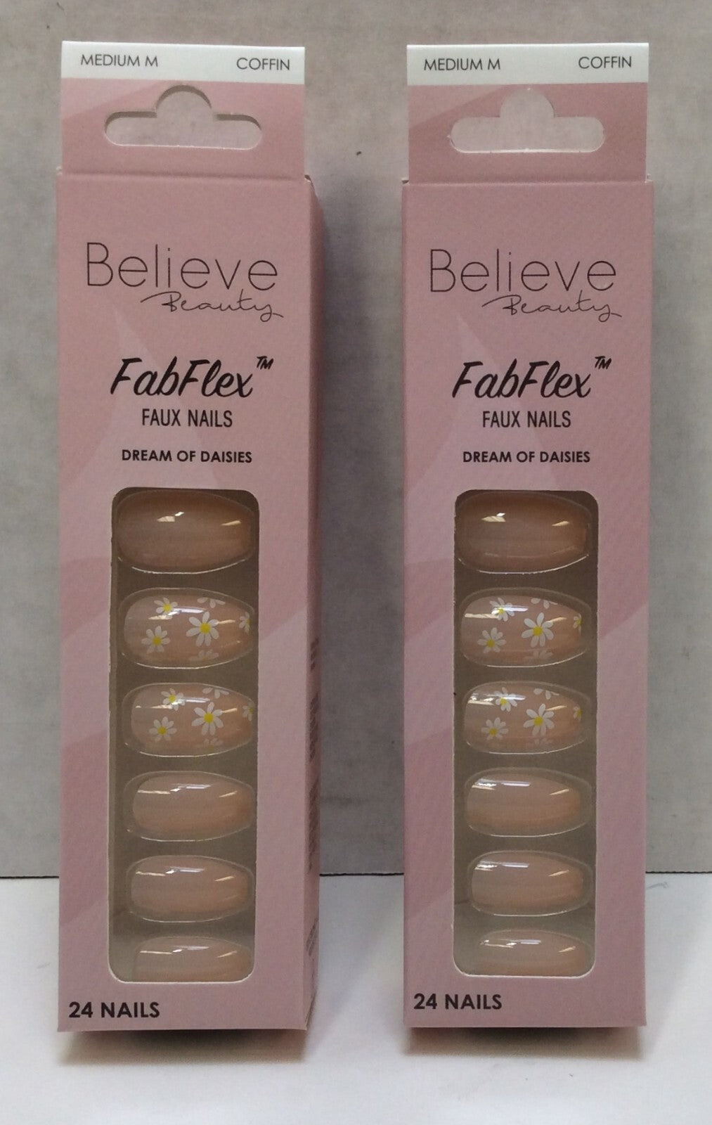 False Nails Kit - Medium Coffin Shape with Daisies Design, Lot of 2