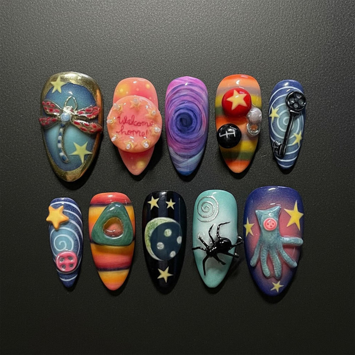 Whimsical Coraline-Inspired Fantasy Press-On Nail Set - Handmade Cosmic Gothic Art