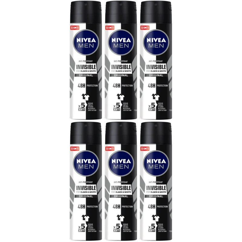 Nivea Men Invisible Black & White Antiperspirant Spray 150ml - Pack of 6