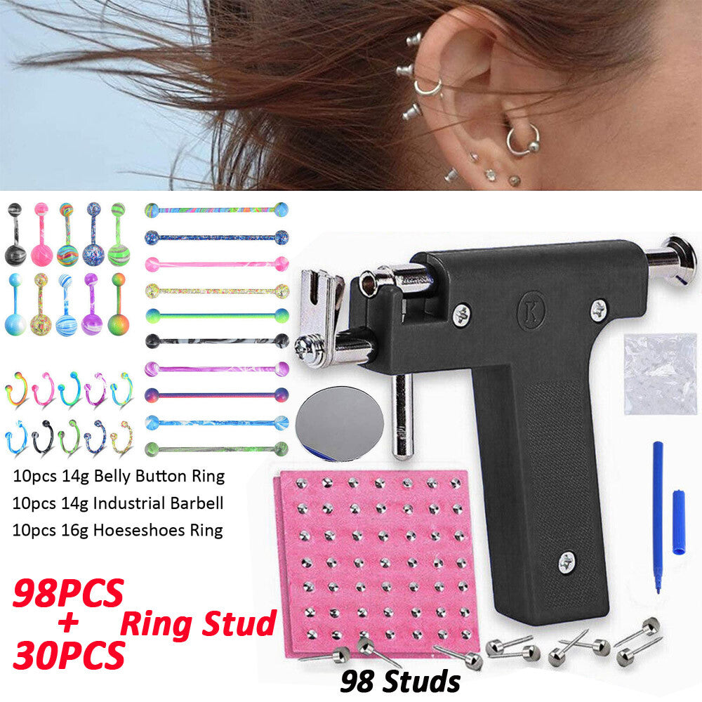 Body Piercing Gun Kit 131Pcs Stainless Steel Ear Nose Belly Button Ring Set 14G 16G