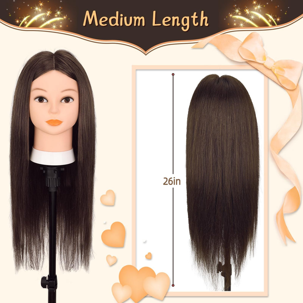 70% Human Hair Mannequin Head 26 Inch Dark Brown for Hair Styling & Practice