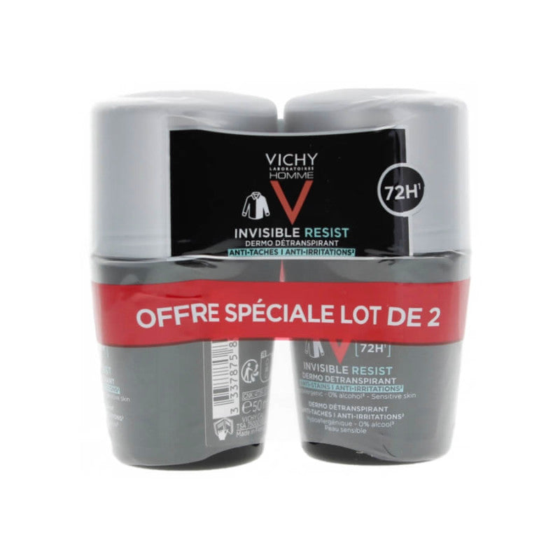 Vichy Homme Invisible Resist 72h Deodorant Roll-On Pack of 2 - Anti-Stain, Hypoallergenic