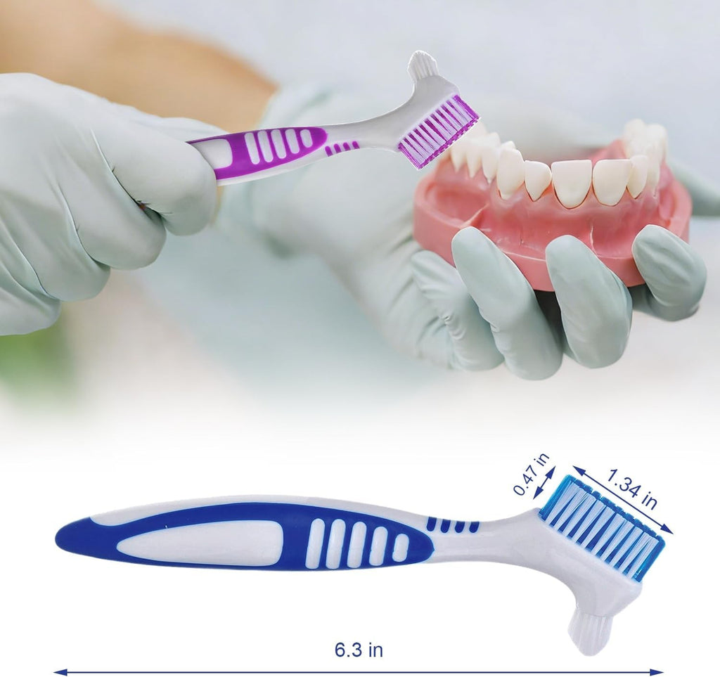 Denture Cleaning Brush Dual-Sided Soft Bristles Rubber Handle