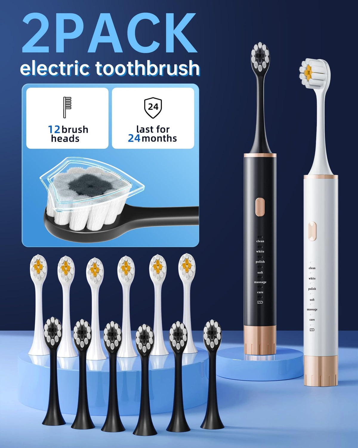 Electric Toothbrush Set with 12 Replacement Heads & 6 Modes - Travel Friendly