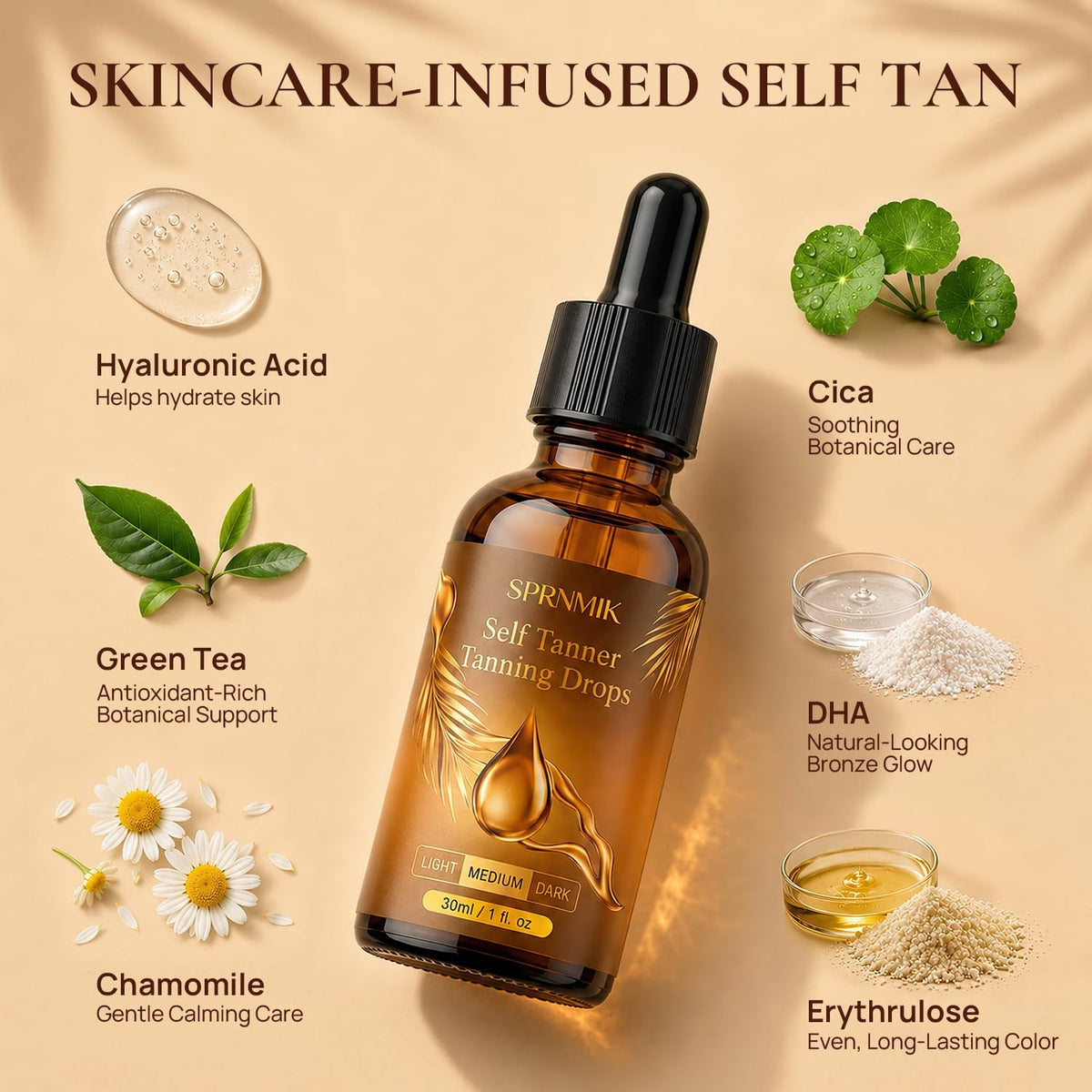 Self Tanning Drops for Face & Body - Natural Glow, Hydrating & Safe