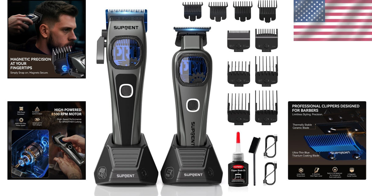 Cordless Hair Clipper & Trimmer Set with Titanium Blades, Adjustable Speed