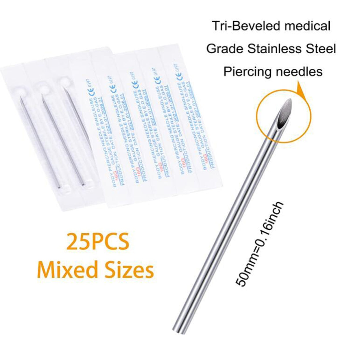 100 Pcs Mixed Piercing Needles 12G-20G Stainless Steel, Sterilized & Safe