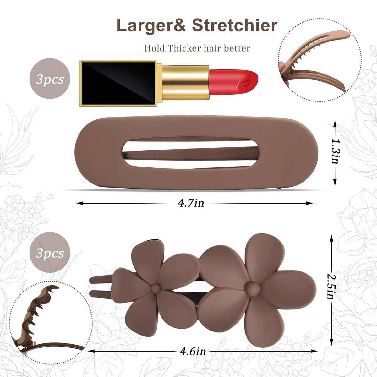 Flat & Flower Hair Clips Set - 6 Pack, Strong Hold Claw & Non-Slip Styles
