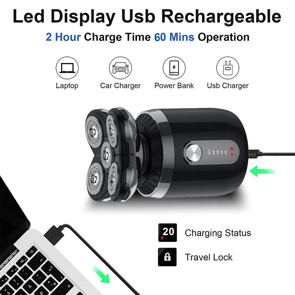 4D Rotary Electric Shaver for Bald Head & Beard Trimming Wet Dry Rechargeable