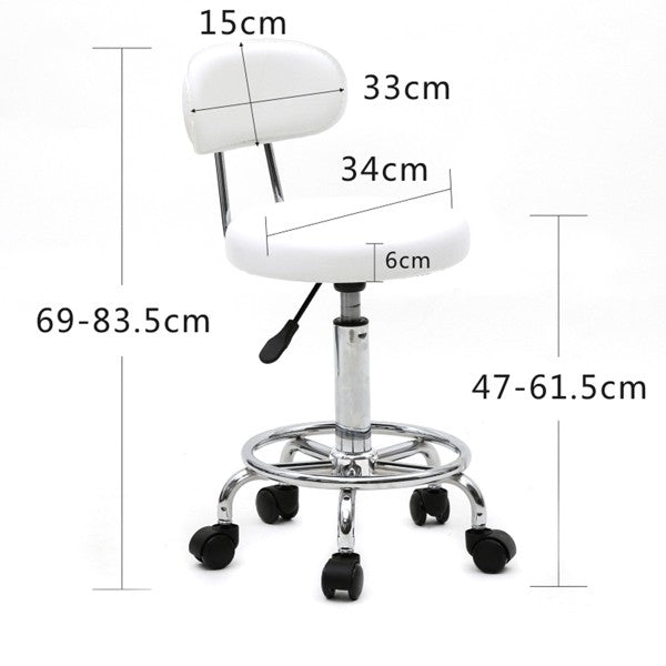 White Adjustable Salon Stool with Backrest and 360° Swivel