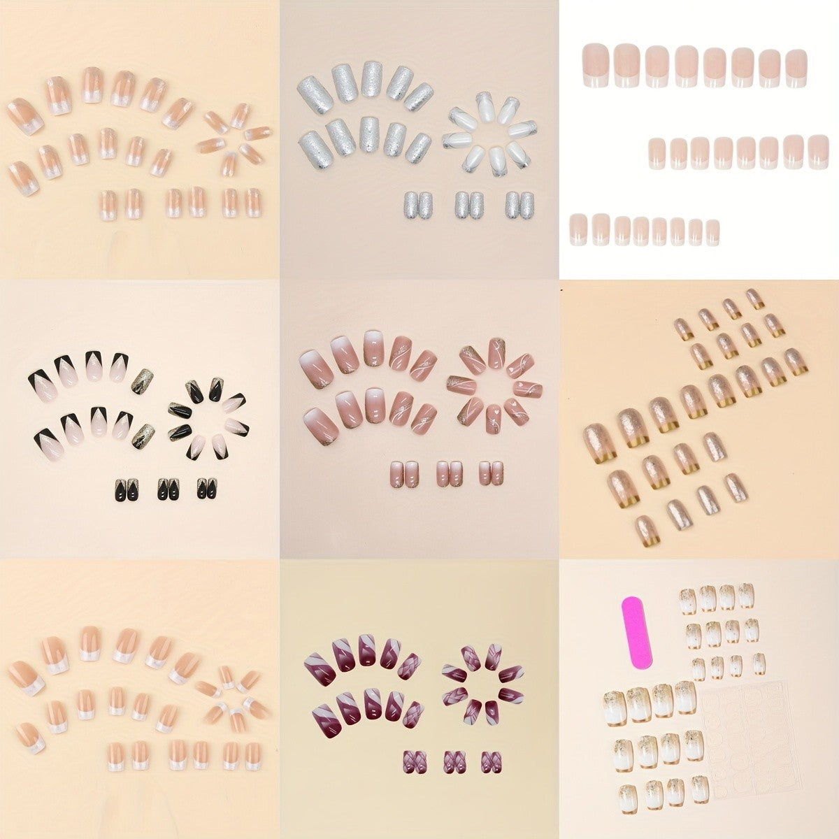 Assorted Press-On Nails Set 216 Pieces Glitter Gradient Geometric Art