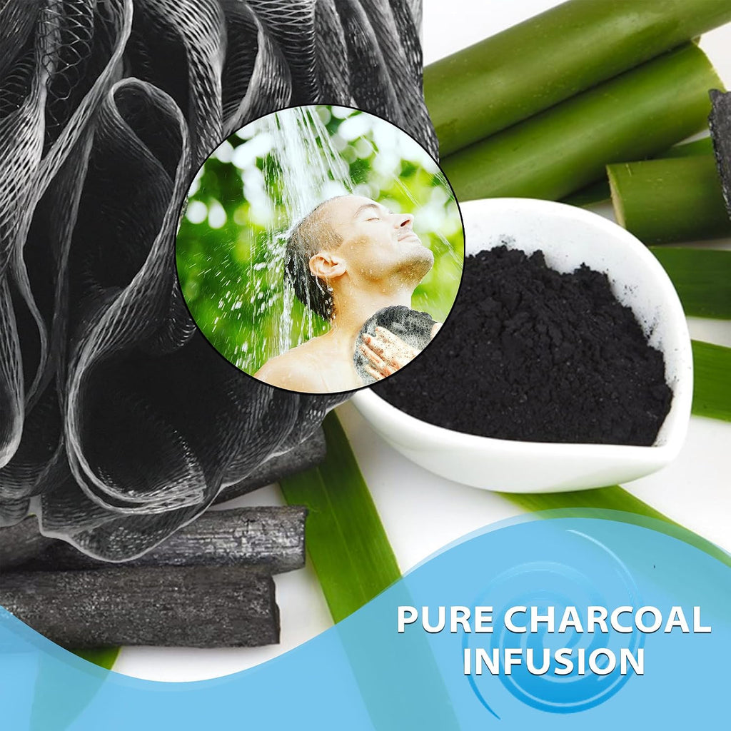 Extra-Large Charcoal Bath Sponge Set - Soft Mesh Loofahs for Shower, 4-Pack