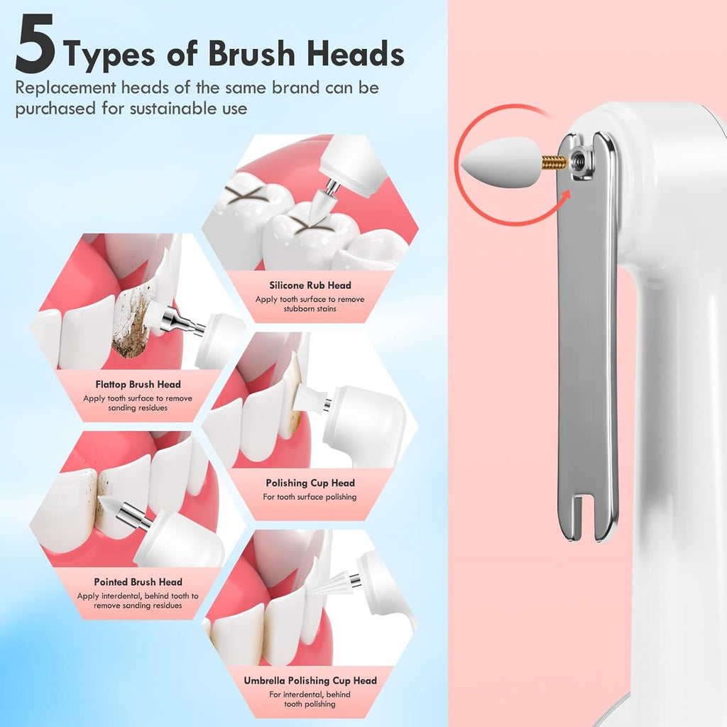 Electric Tooth Polisher for Daily Cleaning & Whitening - Rechargeable USB, 5 Speed Modes, 5 Brush Heads