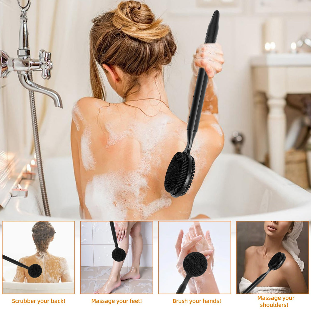 Long Handle Silicone Body Scrubber with Soft Bristles for Shower Exfoliation