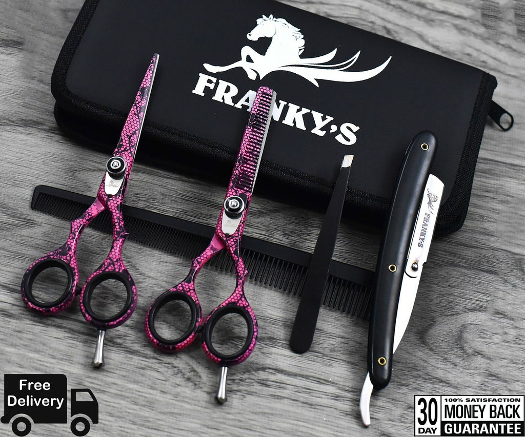 Professional Hair Cutting & Thinning Scissors Set - Barber Shears with Razor & Tweezers
