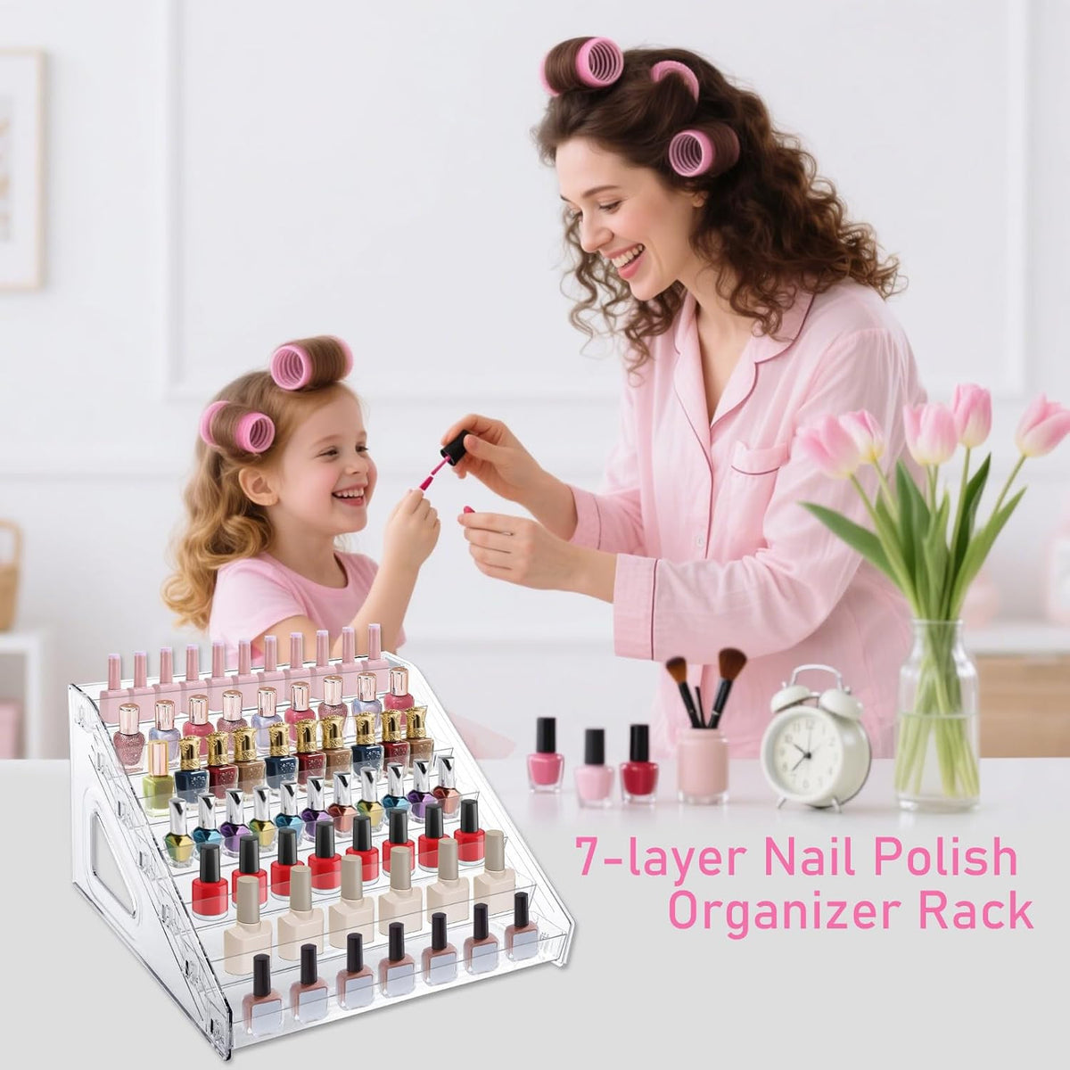7-Layer Clear Nail Polish Organizer Rack for Cosmetics - Holds 70-80 Bottles