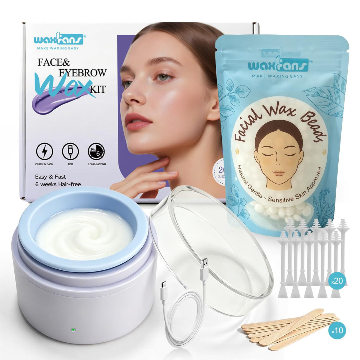 Women’s Face & Eyebrow Waxing Kit with USB Mini Wax Pot - Hair Removal Set
