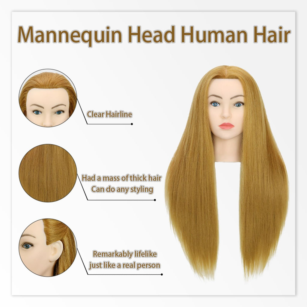 28-Inch Mannequin Head with Human Hair Light Brown for Hair Styling Practice