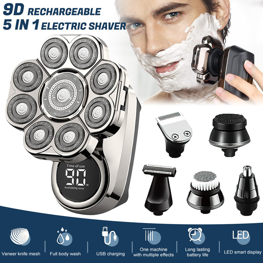 Cordless 9D Electric Head & Beard Shaver Wet Dry Bald Razor Grooming Set