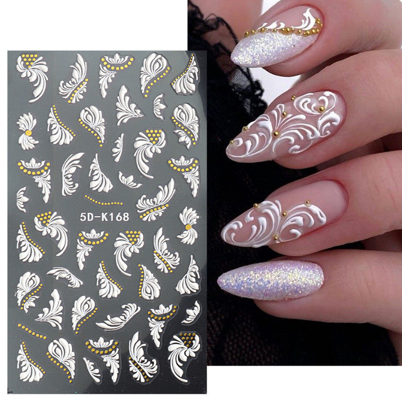 5D Embossed Nail Stickers White Rose Flower Decals for Nail Art and Decor