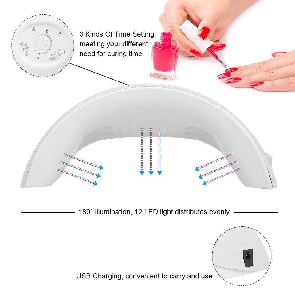 36W LED UV Nail Polish Dryer Lamp Gel Acrylic Curing Light Spa Kit