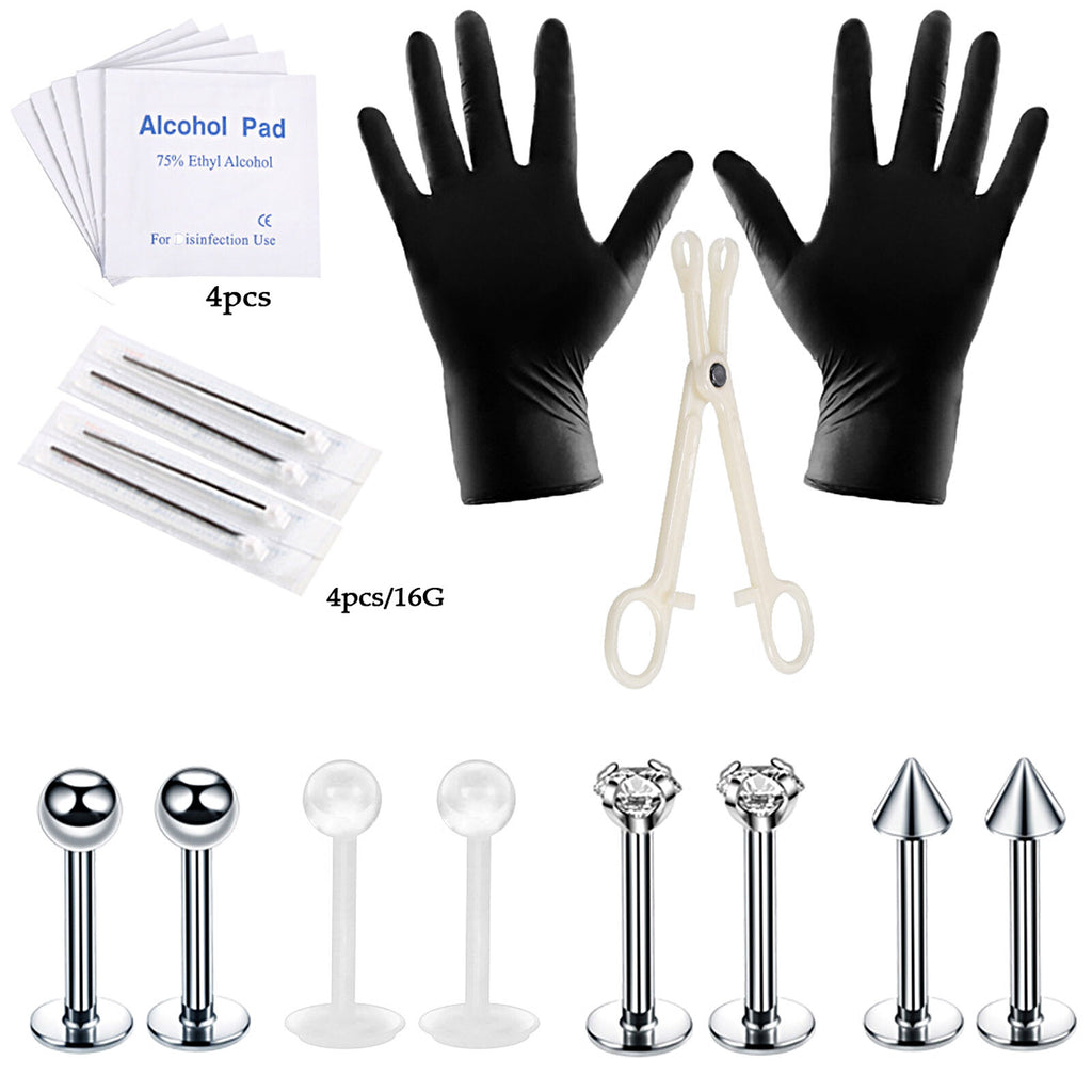 Professional Body Piercing Kit 8-27Pcs Stainless Steel 16G - Ear Nose Lip Tools Set