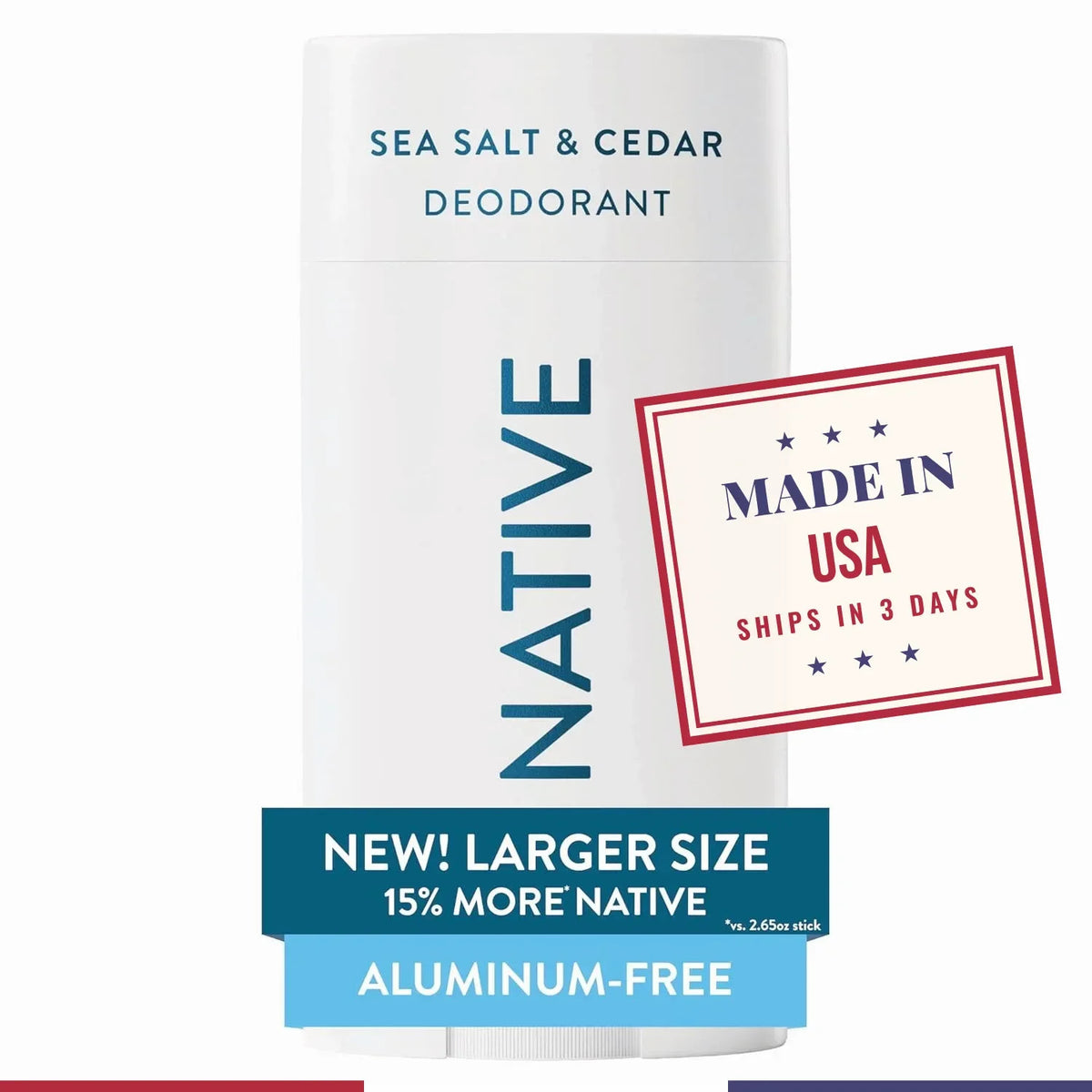 Native Aluminum-Free Deodorant with Sea Salt & Cedar - 72 Hour Odor Control, Large Stick