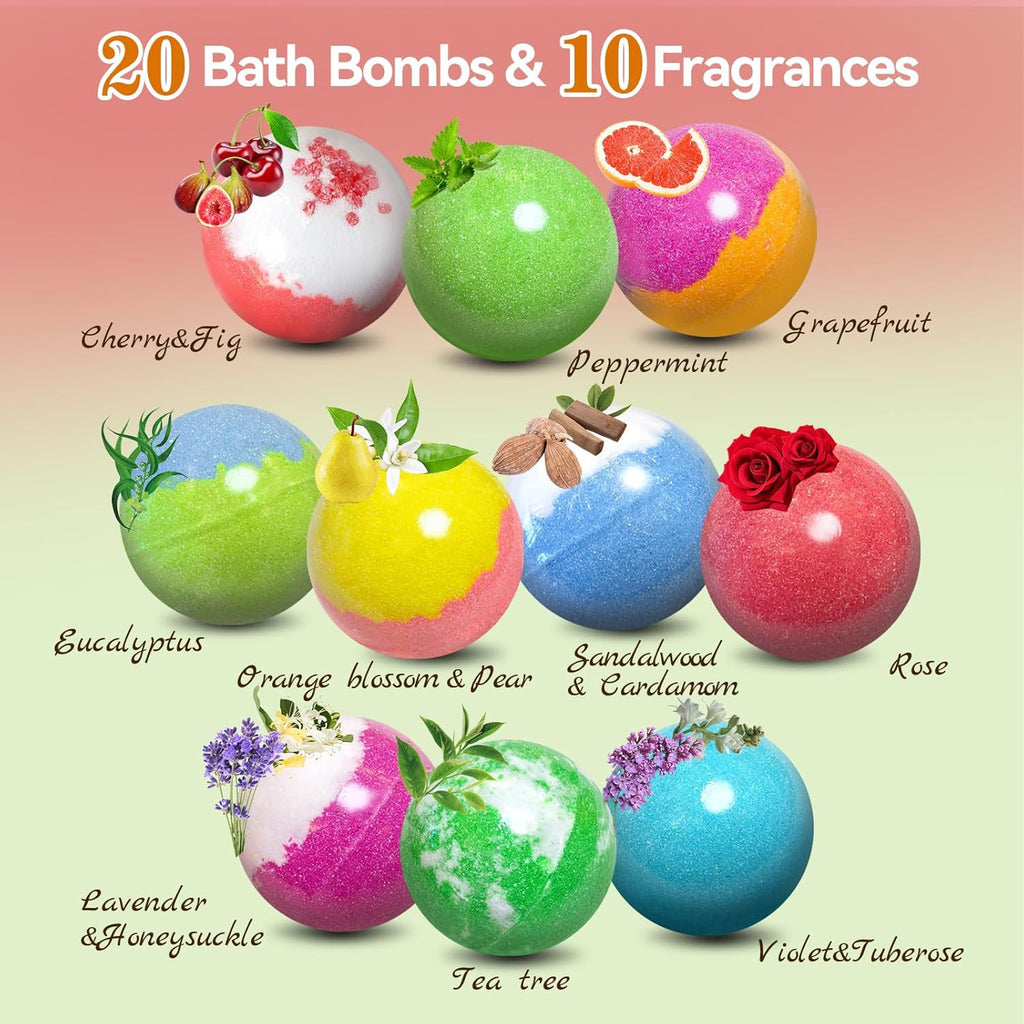 Organic Bath Bomb Gift Set for Relaxation - 20 Handmade Spa Bubble Bombs with Essential Oils