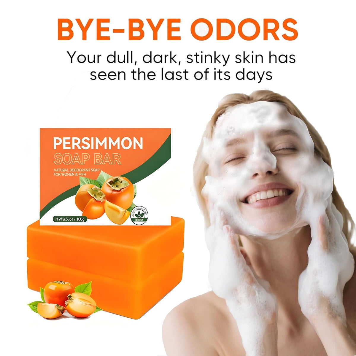 Persimmon Deodorant Soap Bar for Body Odor Control - Natural & Organic, 2-Pack