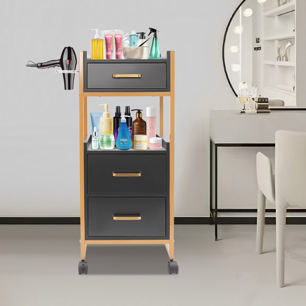 Mobile Salon Storage Cart with 3 Drawers and Hair Dryer Holder - Gold & Black