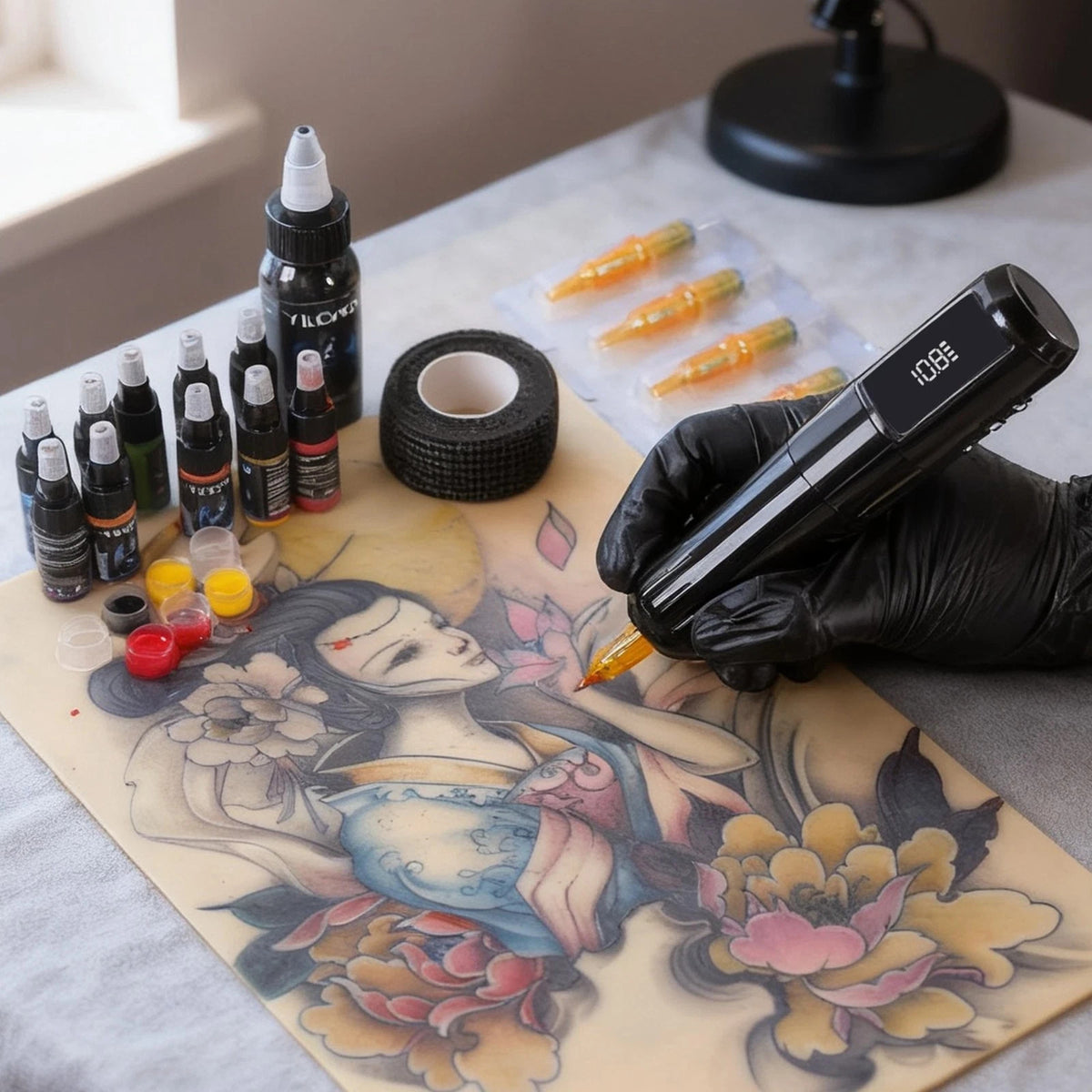 Rotary Tattoo Pen Kit with Power Supply, Cartridges & Practice Skin