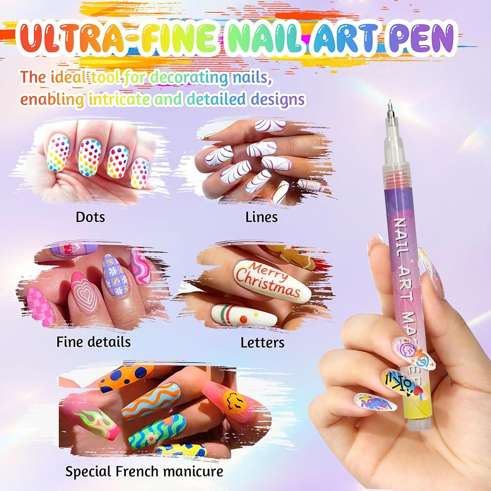 12 Colors Nail Art Pens Set with Fine Tips for DIY Manicure Designs