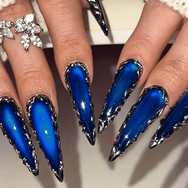 48pcs Stiletto Fake Nails with Royal Blue Mirror Silver Rim - Luxury Press-On Nails