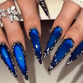 48pcs Stiletto Fake Nails with Royal Blue Mirror Silver Rim - Luxury Press-On Nails