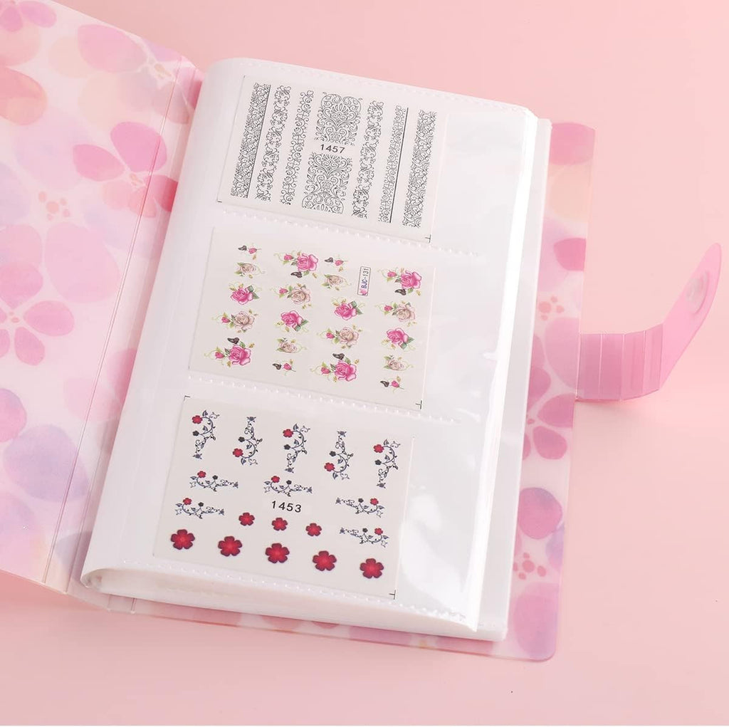 120 Slots Nail Sticker Storage Book Organizer for Water Decals - Pink Floral Cover