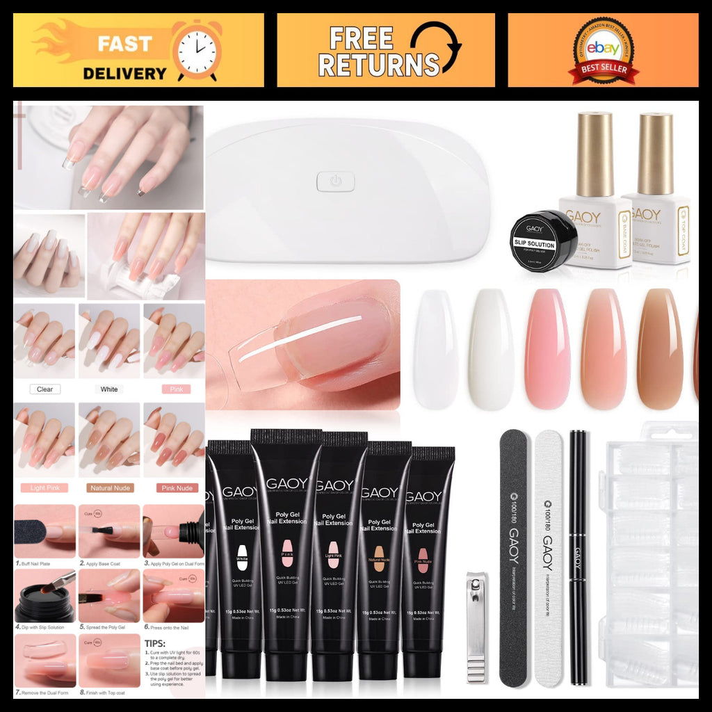 Poly Gel Nail Kit with UV Light - 6 Color Builder Extension Set for Beginners