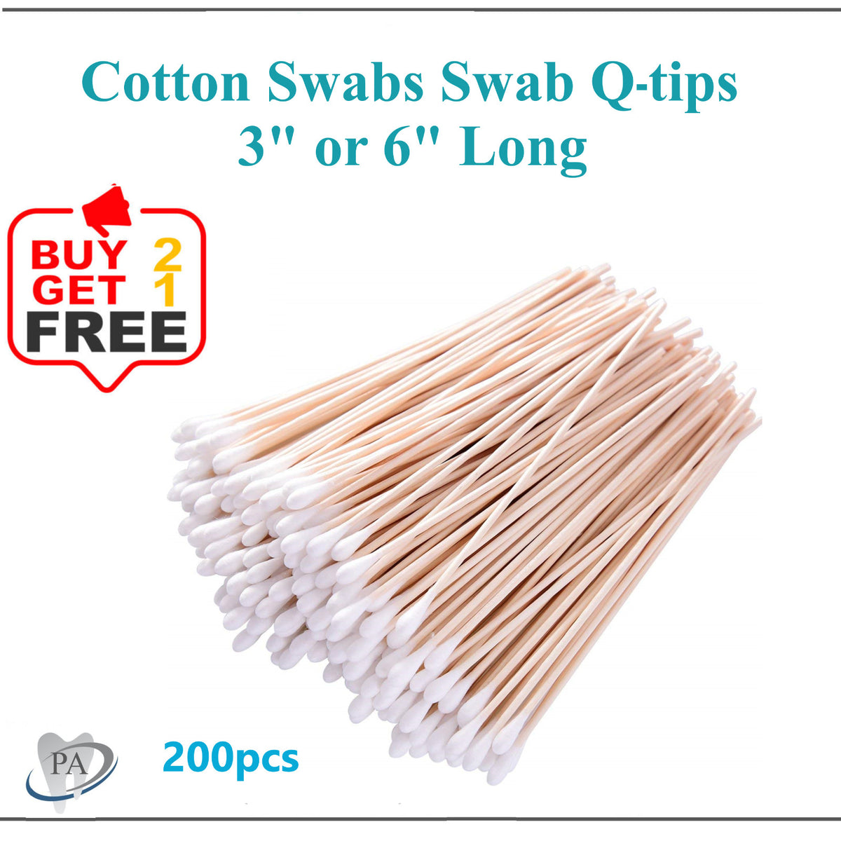 Medical Cotton Swabs 200pcs - Wooden Handle, 3" or 6" Length, Sterile
