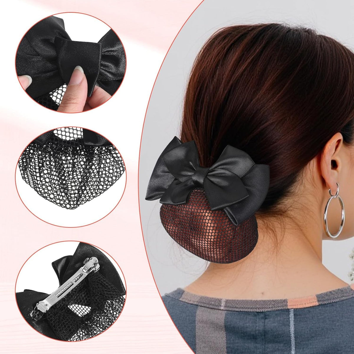 Women’s Satin Bow Hair Net for Buns - Black, Pack of 2