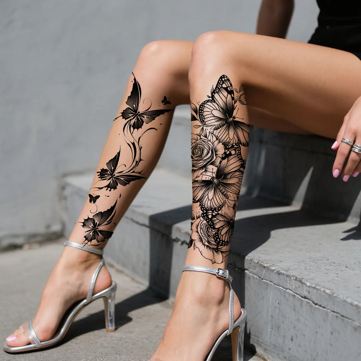 Waterproof Temporary Tattoo — Black Flower Butterfly Arm & Leg Design