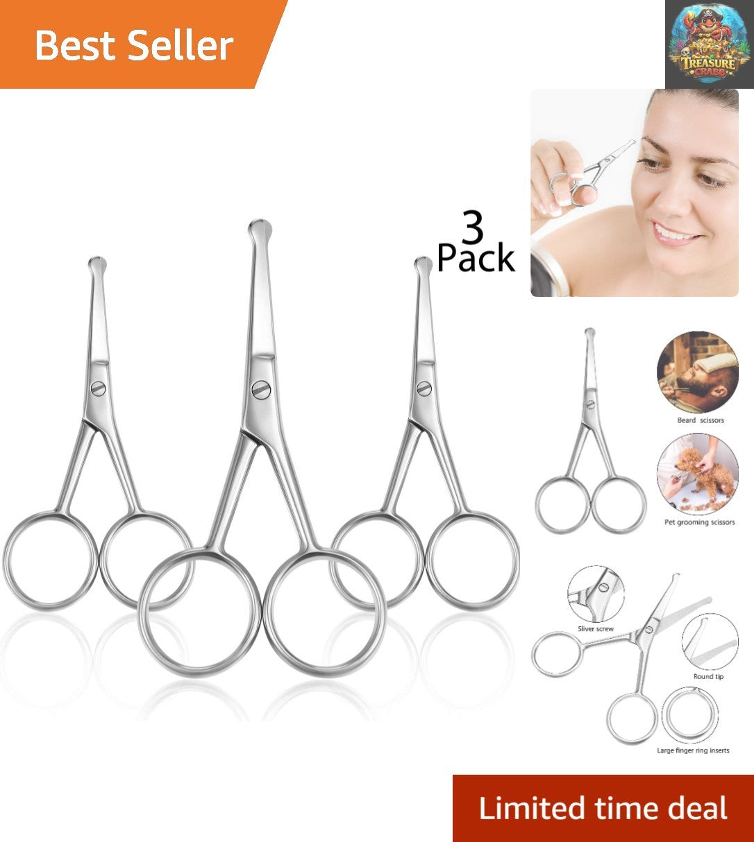 Travel Stainless Steel Nose Hair Scissors Set with 3 Rounded Tips