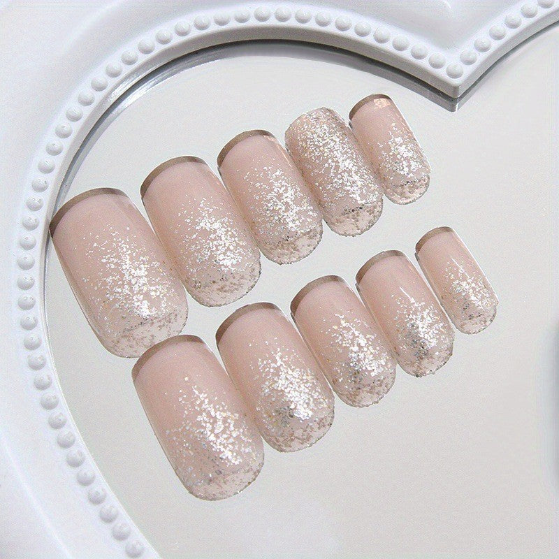 48Pcs Nude Pink Rhinestone Press On Nails Short Square Glossy False Nails