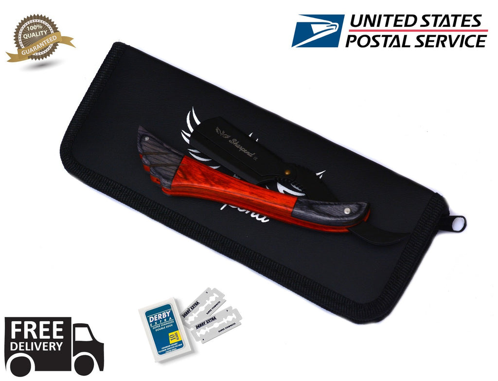Wood Handle Straight Edge Barber Razor with 10 Blades - Folding Shaving Knife