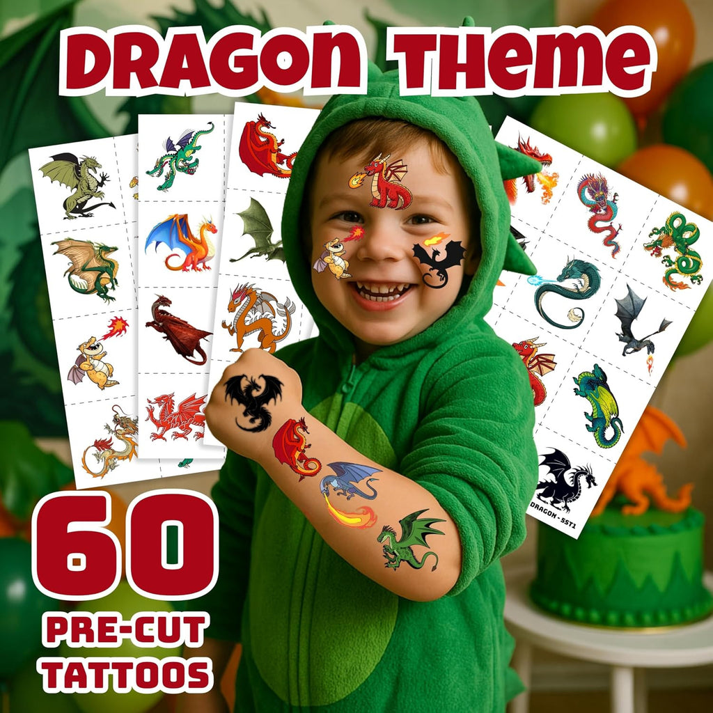 Dragon Temporary Tattoos Party Favors, 60 Pcs Pre-Cut for Kids
