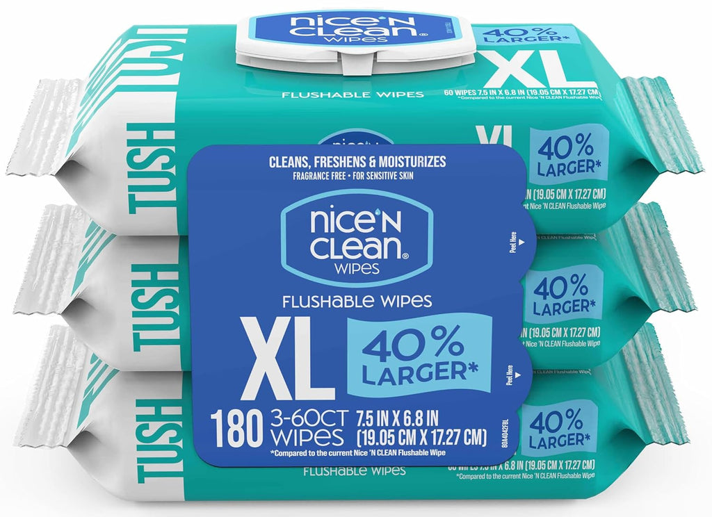 Extra Large Flushable Adult Wipes - 40% Larger, Unscented, Hypoallergenic, 180 Count