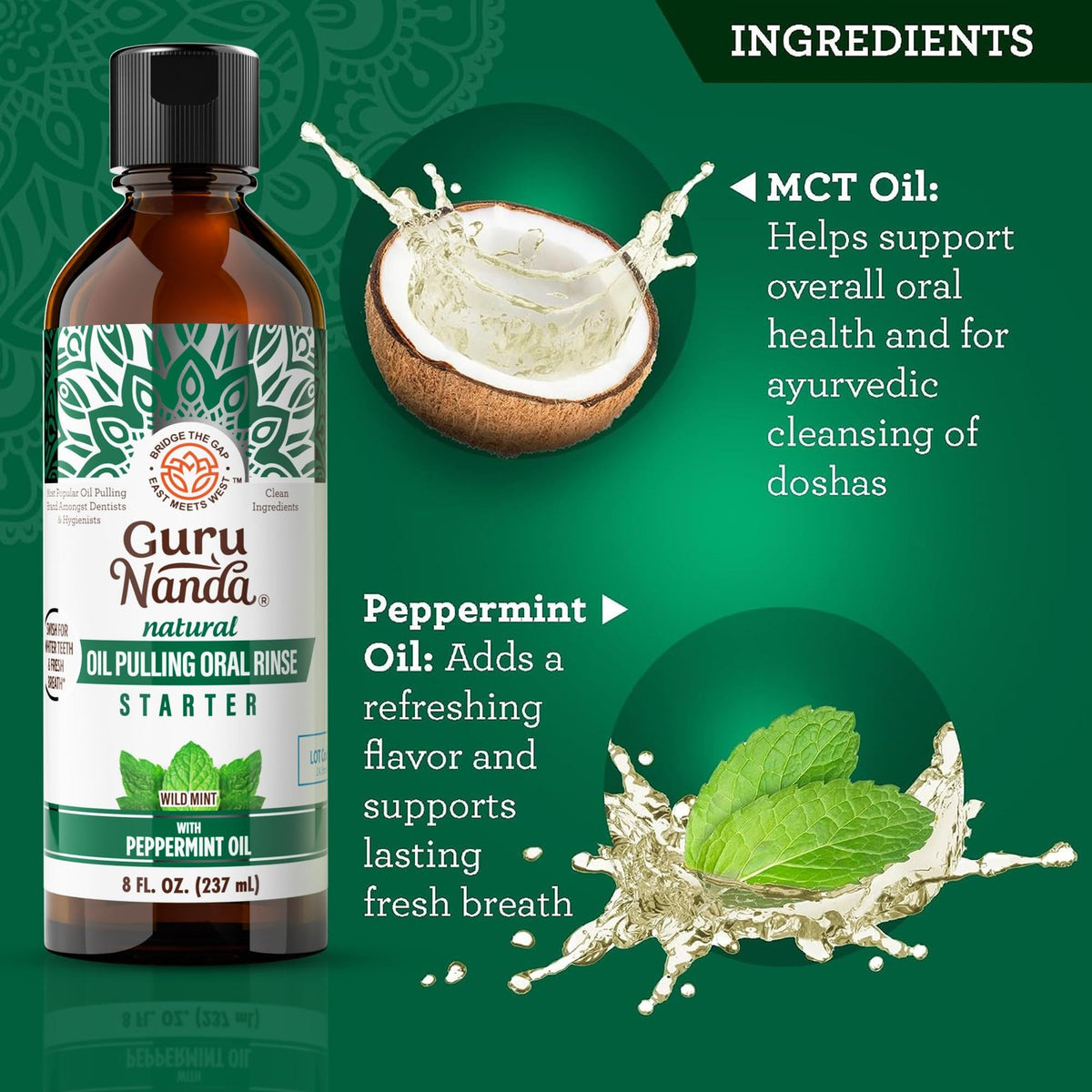 Coconut Oil Pulling Mouthwash - Natural Oral Care Oil with Peppermint, 8 Fl Oz
