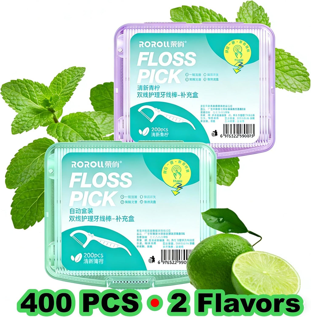 Twin Line Dental Floss Picks 400 Count - Mint & Lime Flossers for Oral Hygiene