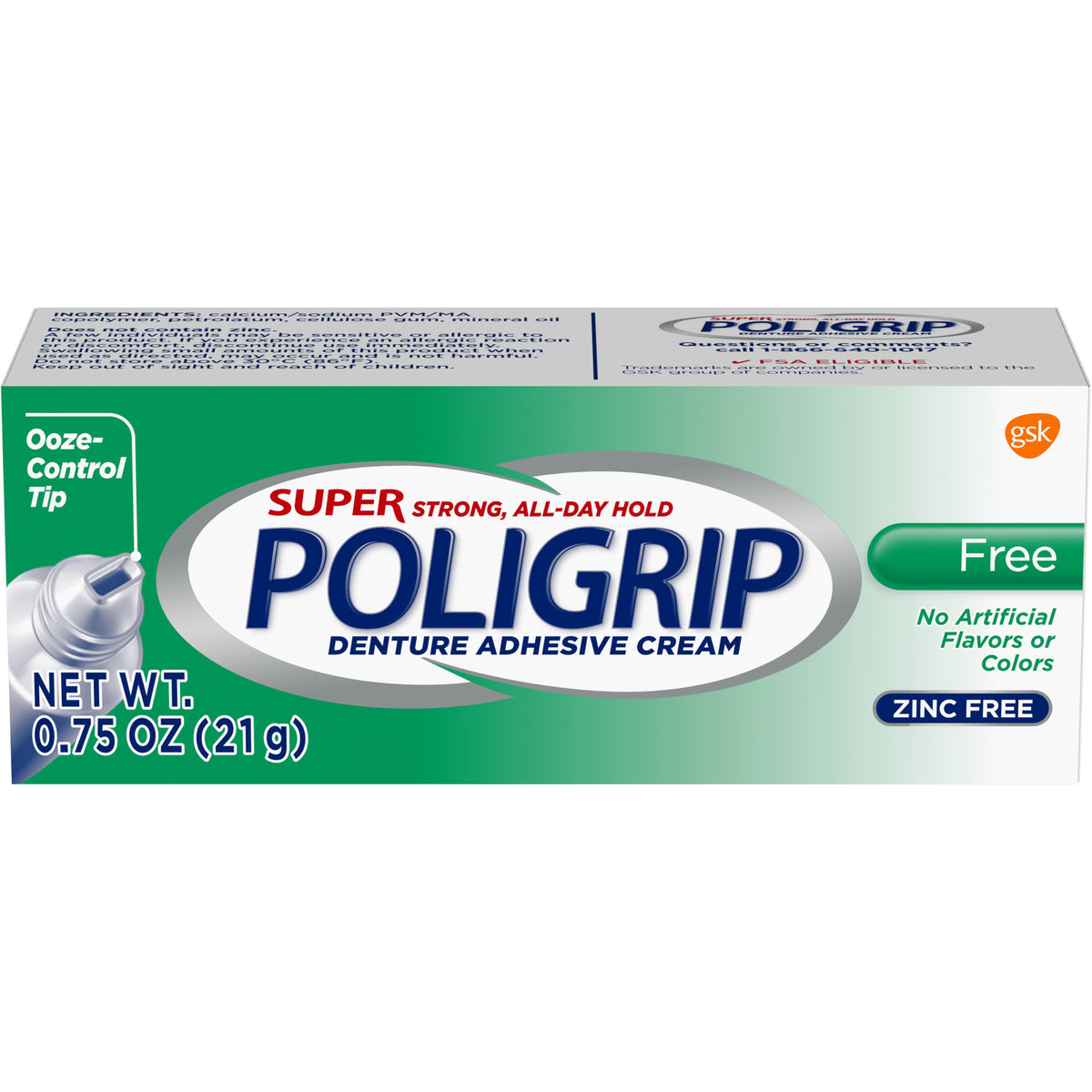 Super Poligrip Free Denture Adhesive Cream Travel Size 0.75 oz 2 Pack