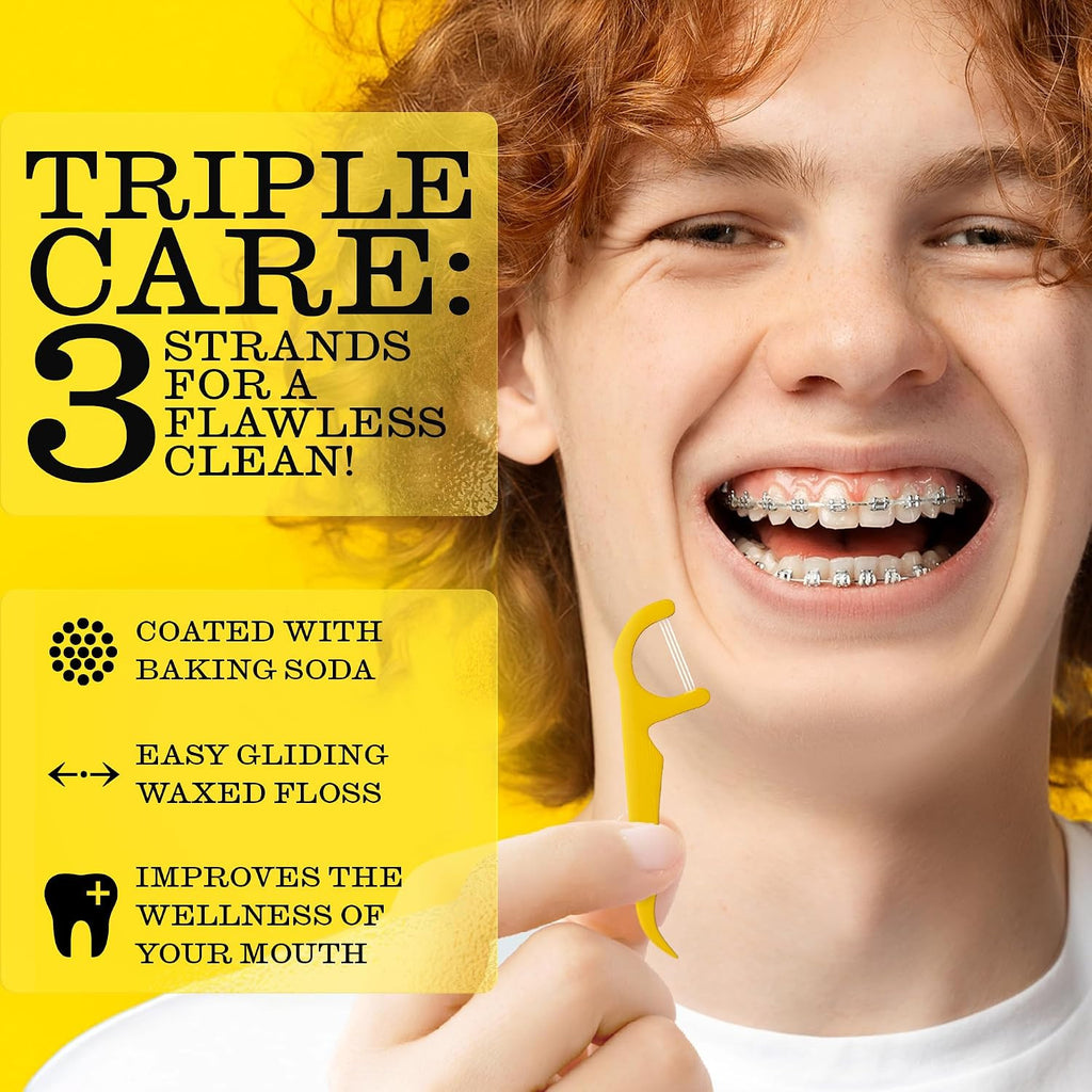 Eco-Friendly 3-Strand Floss Picks with Mint & Baking Soda - Dual Action Oral Care