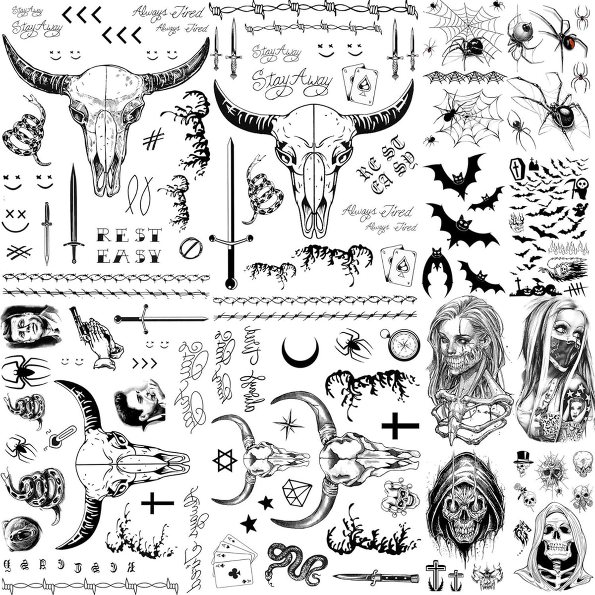 Halloween Face Tattoo Sticker Set – 12 Sheets Gothic Skull Temporary Tattoos