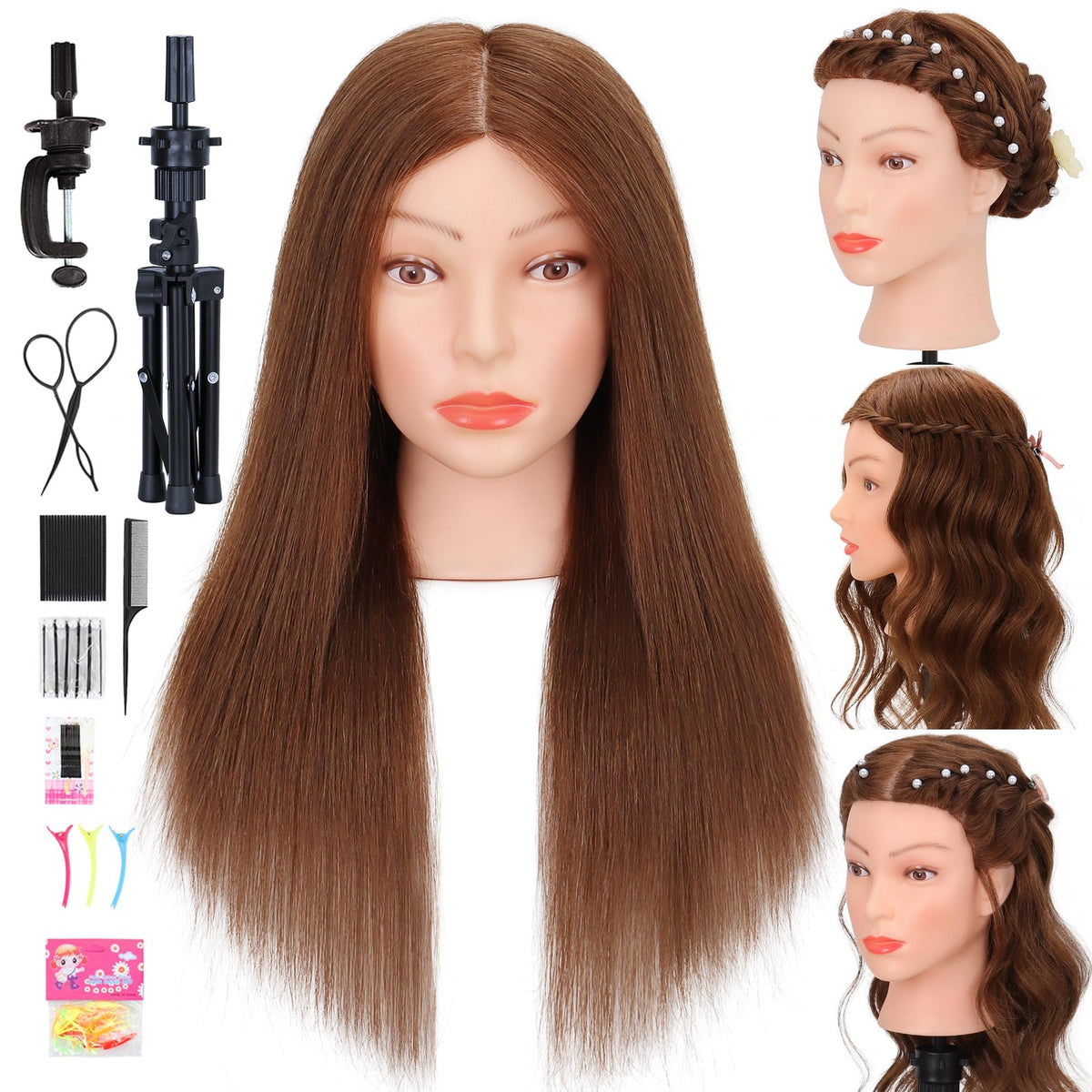 Real Human Hair Mannequin Head for Cosmetology Practice Dark Brown